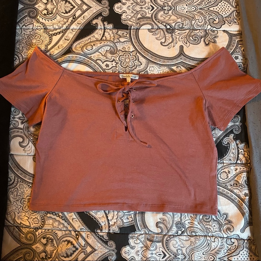 Charlotte Russe Off The Shoulder Crop Top with Lace Up Detail